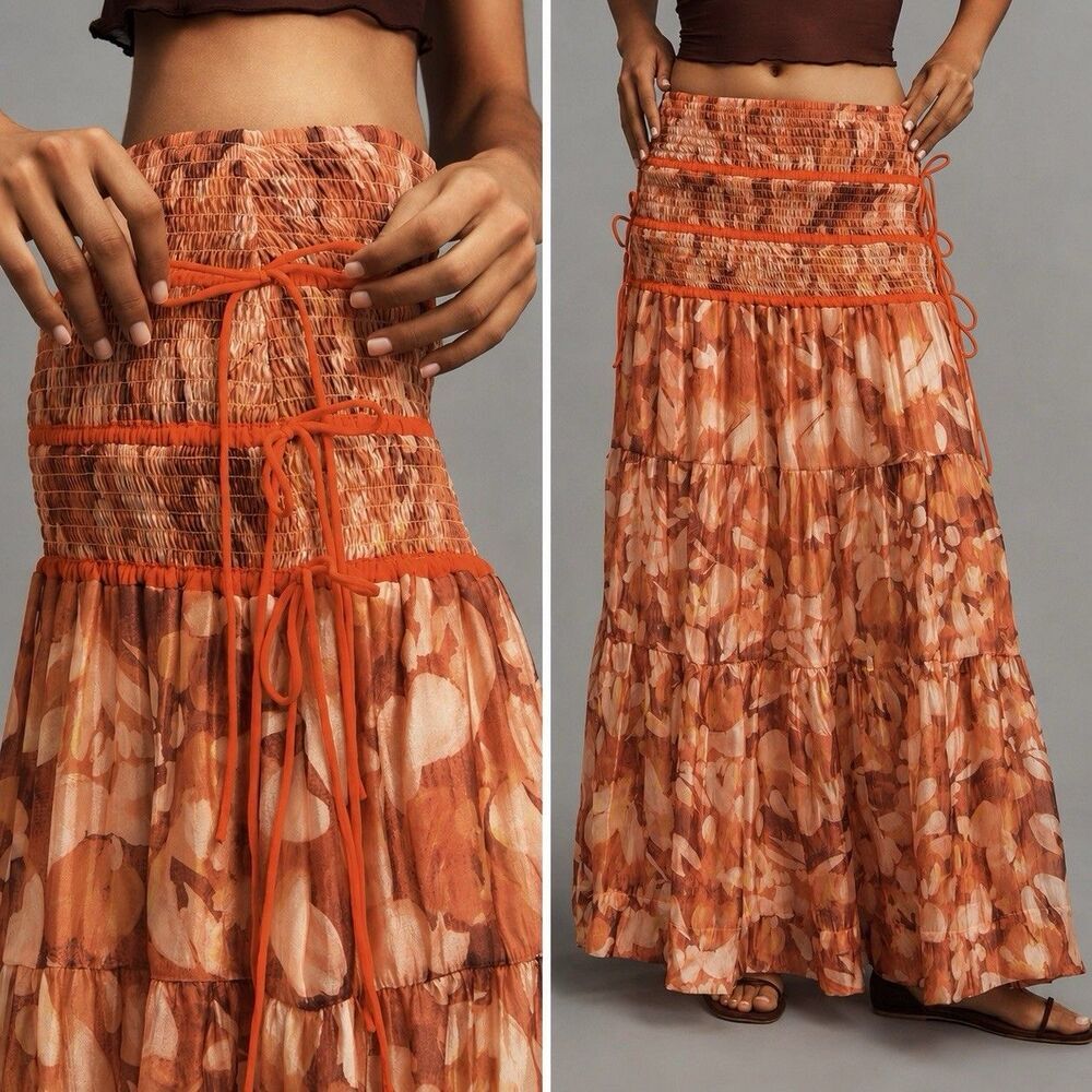 Anthropologie Sheer Volume Maxi Skirt XL Smocked Tiered Side Tie NWT Boho